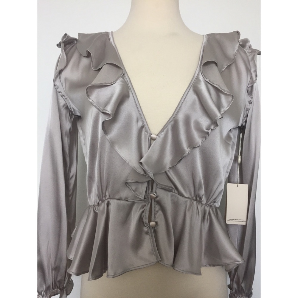 For Love and Lemons Silver Satin Open Back Top